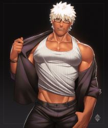 Rule 34 | 1boy, archer (fate), archer (summer casual) (fate), bara, black pants, brown eyes, bulge, collarbone, dark-skinned male, dark skin, fate/grand order, fate/stay night, fate (series), glasses, gradient background, large pectorals, male focus, midriff peek, muscular, navel hair, pants, pectorals, short hair, solo, tank top, thick thighs, thighs, tight clothes, tight pants, undressing, white hair, white tank top, xelgot