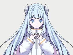 Rule 34 | 1girl, blue eyes, blue hair, blunt bangs, closed mouth, commentary, commentary request, dress, english commentary, expressionless, grey background, hair ornament, hands up, indie virtual youtuber, long hair, long sleeves, looking at viewer, narume, official art, pixel art, second-party source, simple background, solo, somunia, straight-on, upper body, very long hair, virtual youtuber, white dress