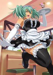 Rule 34 | 00s, 1girl, black thighhighs, blush, breasts, curvy, dark-skinned female, dark skin, elbow gloves, female focus, frilled gloves, frilled thighhighs, frills, gloves, green eyes, green hair, headdress, holding, ikkitousen, indoors, large breasts, leg lift, long hair, looking at viewer, maid, maid cafe, mary janes, open mouth, parfait, ryofu housen, shoes, skirt, smile, solo, thighhighs, tray, twintails, white gloves