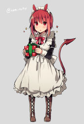 Rule 34 | 1girl, animal ears, apron, bad id, bad tumblr id, blush, boots, bow, bowtie, box, cross-laced footwear, demon tail, eyebrows, full body, gift, gift box, grey background, holding, holding gift, ikeuchi tanuma, looking at viewer, maid, maid headdress, open mouth, original, red eyes, red hair, ribbon, short hair, simple background, solo, standing, tail, thigh boots, thighhighs, triangle mouth, twitter username, waist apron