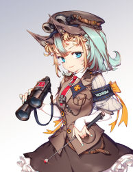 Rule 34 | 1girl, animal ears, aqua hair, arm warmers, armband, artist name, belt, binoculars, blonde hair, blue eyes, blue nails, brown hat, brown skirt, buttons, cross, fantasy, frilled skirt, frills, goggles, goggles on headwear, hat, iron cross, multicolored hair, nail polish, necktie, pocket, red necktie, skirt, smile, standing, two-tone hair, woo kim