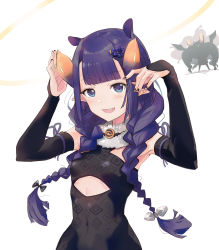 Rule 34 | 1girl, 1other, black dress, blue eyes, bow, braid, commentary, cutout above navel, detached sleeves, dress, english commentary, flower, gradient hair, hair flower, hair ornament, highres, hololive, hololive english, impossible clothes, impossible dress, long hair, looking at viewer, multicolored hair, ninomae ina&#039;nis, orange hair, pointy ears, purple hair, solo, strapless, strapless dress, tallgeese (lgeesel), tentacle hair, tube dress, twin braids, very long hair, virtual youtuber, white bow