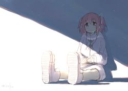 Rule 34 | 1girl, ankle boots, blush, boots, closed mouth, commentary request, digital media player, earmuffs, grey hoodie, hair ribbon, holding, hood, hood down, hoodie, kaname madoka, looking at viewer, mahou shoujo madoka magica, mahou shoujo madoka magica (anime), pantyhose, pink hair, ribbon, short hair, sitting, solo, twintails, umiroku, white footwear, white pantyhose, white ribbon