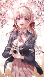 Rule 34 | 1girl, absurdres, black jacket, blazer, blue eyes, camera, cherry blossoms, collared shirt, flower, hair between eyes, hair ribbon, highres, holding, holding camera, jacket, laughing, long hair, long sleeves, looking at viewer, multicolored eyes, neck ribbon, original, pink eyes, pink ribbon, pink skirt, pleated skirt, red ribbon, ribbon, shirt, skirt, smile, solo, spring (season), uniform, youwon0417