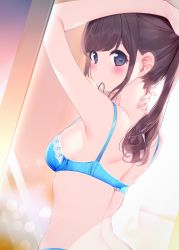 Rule 34 | 1girl, arm up, bare arms, bare shoulders, blue bra, blue panties, blush, bra, breasts, brown hair, chikuwa., closed mouth, commentary request, eyebrows hidden by hair, from behind, grey eyes, hair tie, hair tie in mouth, highres, long hair, looking at viewer, looking back, medium breasts, mirror, mouth hold, nail polish, original, panties, pink nails, ponytail, reflection, sidelocks, solo, tying hair, underwear, underwear only