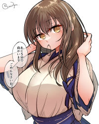 Rule 34 | 1girl, alternate hairstyle, blue hakama, breasts, brown eyes, brown hair, commentary request, hair down, hakama, highres, japanese clothes, kaga (kancolle), kantai collection, large breasts, long hair, looking at viewer, matsunaga (haku), mouth hold, simple background, solo, tasuki, translation request, twintails, upper body, white background