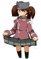 Rule 34 | 1girl, black thighhighs, blush, brown eyes, brown hair, clothes lift, flat chest, grey skirt, highres, japanese clothes, kantai collection, kariginu, lifting own clothes, looking at viewer, magatama, namakura neo, pleated skirt, ryuujou (kancolle), simple background, skirt, skirt lift, smile, solo, thighhighs, twintails, visor cap, white background