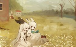 Rule 34 | 3girls, :&lt;, absurdres, animal ears, bare tree, black ribbon, book, book stack, braid, bug, building, butterfly, closed mouth, commentary request, commission, day, dress, flower, frilled shirt collar, frills, grass, grey dress, grey hair, hands on lap, highres, insect, knees up, long hair, multiple girls, on grass, on ground, open book, original, outdoors, partial commentary, pixiv commission, rabbit ears, reading, red eyes, ribbon, shirokujira, sitting, tree, twin braids, v arms, very long hair, white butterfly, white flower, yellow butterfly