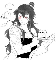 Rule 34 | 1girl, 1other, blush, breasts, cleavage, cropped shirt, fork, greyscale, hair bun, highres, holding, holding fork, holding plate, jacket, jajeon liu, library of ruina, long hair, long sleeves, medium breasts, monochrome, out of frame, parted lips, plate, project moon, red eyes, shirt, sidelocks, sleeveless, sleeveless shirt, solo, spot color, sweat, very long hair, xiao (project moon)