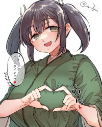 Rule 34 | 1girl, black hair, breasts, commentary request, green eyes, green kimono, heart, heart-shaped boob challenge, heart hands, highres, japanese clothes, kantai collection, kimono, large breasts, long hair, matsunaga (haku), sidelocks, solo, souryuu (kancolle), translation request, twintails, twitter username, upper body, white background