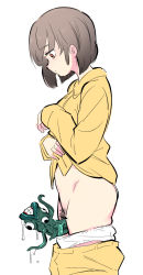 Rule 34 | 1girl, buttons, censored, closed mouth, clothes pull, dress shirt, female pubic hair, from side, grey hair, highres, long sleeves, looking down, monster, orange eyes, original, panties, pants, pants pull, panty pull, pubic hair, shirt, simple background, solo, underwear, what, white background, white panties, yellow pants, yellow shirt, youhei 64d