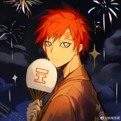 Rule 34 | 1boy, absurdres, alternate costume, artist request, brown kimono, commission, expressionless, fireworks, forehead tattoo, from side, gaara (naruto), hand fan, hand fan writing, highres, japanese clothes, kimono, looking at viewer, male focus, naruto (series), naruto shippuuden, red hair, short hair, solo, summer festival, upper body