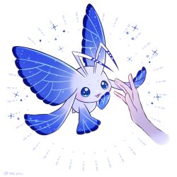 Rule 34 | antennae, blue eyes, butterfly wings, digimon, highres, insect wings, looking at another, morphomon, simple background, white background, wings