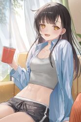 1girl abs black_shorts blue_shirt blunt_bangs blush breasts brown_hair buttons cleavage coffee_mug collarbone commentary couch cowboy_shot crop_top cup curtains dolphin_shorts earrings grey_shirt highres jewelry light_particles long_hair looking_at_viewer midriff mug navel nima_(niru54) on_couch open_clothes open_mouth open_shirt original panties panty_peek shirt short_shorts shorts signature sitting small_breasts smile solo straight_hair thighs unbuttoned underwear white_panties wind window yellow_eyes