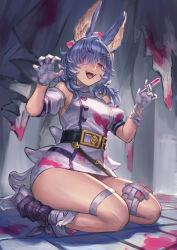 Rule 34 | 1girl, animal ears, bandaged arm, bandages, bare shoulders, blue hair, breasts, dress, erune, gloves, granblue fantasy, hair ornament, hairclip, hat, highres, konoike (pepe expect), large breasts, low twintails, nurse, nurse cap, official alternate costume, open mouth, purple eyes, seiza, short dress, sitting, smile, syringe, thighs, tikoh, tikoh (halloween), twintails, white dress, white gloves, white hat