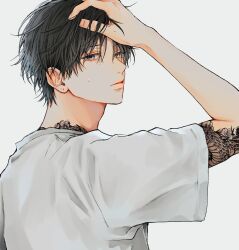 Rule 34 | 1boy, absurdres, arm tattoo, arm up, black hair, blue eyes, closed mouth, en (e898n), highres, looking at viewer, male focus, neck tattoo, original, shirt, short hair, short sleeves, simple background, solo, tattoo, upper body, white background, white shirt, wide sleeves