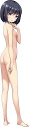 Rule 34 | 1girl, :o, ass, barefoot, black hair, blush, bob cut, completely nude, copyright request, flat chest, forearm at chest, full body, highres, jitome, long image, looking at viewer, nipples, non-web source, nude, purple eyes, short hair, solo, standing, tall image, transparent background