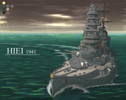 Rule 34 | battleship, cannon, color guide, commentary request, funnel, hiei (battleship), highres, imperial japanese navy, military, military vehicle, no humans, ocean, original, ship, shiro yukimichi, smokestack, turret, warship, watercraft, world of warships, world war ii
