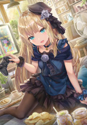 Rule 34 | 1girl, aqua eyes, bare shoulders, beret, black hat, black ribbon, black skirt, blonde hair, blue scarf, blue shirt, blush, breasts, brown pantyhose, buttons, chips (food), choker, collarbone, controller, cookie, cup, drinking straw, dualshock, electric fan, fate (series), food, game controller, gamepad, grey rose, hair ribbon, hat, highres, indoors, jar, long hair, looking at viewer, lord el-melloi ii case files, open mouth, pantyhose, plate, playstation controller, potato chips, reines el-melloi archisorte, ribbon, saucer, scarf, shirt, skirt, sleeveless, sleeveless shirt, small breasts, smile, teacup, television, tetris, thighs, tilted headwear, torino aqua