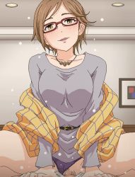 Rule 34 | 1boy, 1girl, aikawa chinatsu, belt, black belt, breasts, censored, clothed sex, clothing aside, commentary request, cowgirl position, girl on top, glasses, green eyes, hetero, idolmaster, idolmaster cinderella girls, indoors, jewelry, looking at viewer, medium breasts, mosaic censoring, necklace, panties, panties aside, penis, purple panties, pussy, red-framed eyewear, sex, solo focus, straddling, tomu (tomubobu), underwear, vaginal