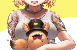 Rule 34 | 1girl, blonde hair, bow, breasts, creature, gooster, hat, head out of frame, highres, holding, holding creature, hololive, large breasts, omaru polka, omaru polka (street casual), open mouth, red bow, shirt, short hair, short sleeves, simple background, smile, solo, teeth, top hat, upper teeth only, virtual youtuber, white shirt, zain (omaru polka)