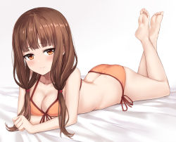 Rule 34 | 1girl, alternate costume, ass, bare arms, bare legs, bare shoulders, barefoot, bed sheet, bikini, blunt bangs, blush, breasts, brown bikini, brown eyes, brown hair, cleavage, collarbone, commentary request, feet, feet up, front-tie bikini top, front-tie top, full body, gradient background, hair over shoulder, halterneck, highres, hosh, iino miko, kaguya-sama wa kokurasetai ~tensai-tachi no renai zunousen~, long hair, looking at viewer, low twintails, lying, medium breasts, on stomach, side-tie bikini bottom, soles, solo, swimsuit, twintails, wavy mouth