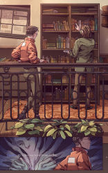 Rule 34 | 2boys, belt, black hair, blazer, bomber jacket, book, bookshelf, bookstore, boots, brown hair, bulletin board, chest of drawers, disco elysium, english text, closed eyes, facial hair, from behind, glasses, gloves, hair slicked back, harry du bois, highres, holding, holding book, indoors, jacket, kim kitsuragi, leaning, against railing, male focus, map, multiple boys, mustache, pants, plant, railing, round eyewear, rug, shirt, shoes, shop, short hair, standing, undercut, wenny02