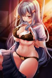 Rule 34 | 1girl, alternate breast size, alternate costume, arms behind back, black bra, black panties, blue hair, bra, breasts, cameltoe, cheriina, classroom, cleft of venus, clothes lift, evening, highres, hinanawi tenshi, indoors, large breasts, long hair, looking at viewer, midriff, mouth hold, navel, nipple slip, nipples, panties, red eyes, school, school uniform, shirt lift, sitting, solo, stomach, thighs, toned, touhou, underwear