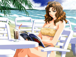 Rule 34 | 1990s (style), 1girl, bandeau, bare shoulders, beach, bikini, book, breasts, brown eyes, brown hair, chair, cleavage, cloud, covered erect nipples, crossed legs, cup, day, drink, drinking glass, drinking straw, eyelashes, glass, highleg, highleg bikini, highleg swimsuit, holding, ice, ice cube, ichikawa sakura, keseran, light rays, long hair, medium breasts, mountain, ocean, open book, outdoors, palm tree, parted bangs, private garden, profile, reading, retro artstyle, shadow, shirt, sitting, sky, smile, solo, sunbeam, sunlight, swimsuit, table, taut clothes, taut shirt, tetratech, tree, wallpaper, water, wavy hair