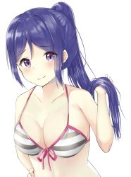 Rule 34 | 1girl, bare shoulders, bikini, bikini top only, blue hair, blush, breasts, cleavage, female focus, hand on own hip, highres, holding, holding own hair, large breasts, long hair, looking at viewer, love live!, love live! school idol festival, love live! sunshine!!, mangaka, matsuura kanan, medium breasts, parted lips, ponytail, purple eyes, shuro 7, sks rr, smile, solo, striped bikini, striped clothes, swimsuit, white background