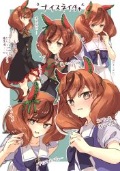 Rule 34 | 1girl, animal ears, black bow, black dress, blue background, blush, bow, brown eyes, brown hair, closed mouth, commentary request, dress, horse ears, horse girl, horse tail, japanese text, juliet sleeves, long sleeves, multicolored hair, multiple views, nice nature (umamusume), open mouth, ouri (aya pine), pleated skirt, puffy short sleeves, puffy sleeves, purple shirt, school uniform, shirt, short sleeves, skirt, sleeveless, sleeveless dress, smile, streaked hair, sweat, tail, translation request, twintails, two-tone background, umamusume, white background, white shirt, white skirt