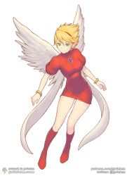 Rule 34 | 1girl, angel wings, blonde hair, boots, bracelet, breasts, breath of fire, breath of fire iii, closed mouth, commentary, dress, english commentary, gofelem, green eyes, hairband, jewelry, knee boots, nina (breath of fire iii), puffy sleeves, short hair, simple background, smile, solo, white background, white wings, wings