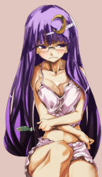 Rule 34 | 1girl, angry, breasts, crescent, crescent hair ornament, female focus, glasses, hair ornament, large breasts, long hair, navel, no headwear, no headwear, patchouli knowledge, purple eyes, purple hair, scowl, short shorts, shorts, solo, tank top, touhou, very long hair, yohane
