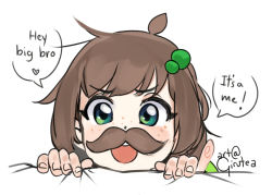 Rule 34 | 1girl, ahoge, bed sheet, blue eyes, blush, brown hair, brown mustache, child, ears, english text, exclamation mark, eyelashes, facial hair, fake facial hair, fake mustache, female focus, fingernails, freckles, girutea, green eyes, green hair ornament, heart, indie virtual youtuber, lily hopkins, long hair, looking at viewer, messy hair, multicolored eyes, mustache, signature, simple background, solo, speech bubble, upper body, white background