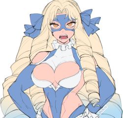 Rule 34 | 1girl, astraea (fate), big hair, blonde hair, blue hair, blue leotard, bow, breasts, cleavage, cleavage cutout, clothing cutout, cosplay, domino mask, drill hair, fate/grand order, fate (series), gradient hair, heart cutout, kyou (ningiou), leotard, long hair, luviagelita edelfelt, mask, multicolored hair, open mouth, rainbow mika, rainbow mika (cosplay), sharp teeth, solo, street fighter, street fighter v, teeth, very long hair, wrestling mask, wrestling outfit, yellow eyes