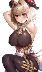 Rule 34 | 1girl, ahoge, arcueid brunestud, armpits, arms behind head, blonde hair, blush, bodysuit, breasts, brown bodysuit, cosplay, ganyu (genshin impact), ganyu (genshin impact) (cosplay), genshin impact, goat horns, highres, horns, large breasts, looking at viewer, red eyes, simple background, solo, squatting, suou-sensei, tsukihime, white background