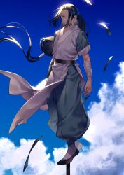 Rule 34 | 1boy, bandaged arm, bandages, black footwear, black hair, blue sky, cloud, cloudy sky, full body, highres, long hair, low-tied long hair, outdoors, shoes, short sleeves, sidelocks, sky, solo, standing, tenobe, luo xiaohei zhanji, very long hair, wuxian (the legend of luoxiaohei)
