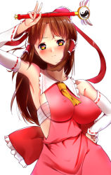 Rule 34 | 1girl, adapted costume, armpits, ascot, blush, bow, breasts, brown eyes, brown hair, budget sarashi, cookie (touhou), covered erect nipples, female focus, hair bow, hair tubes, hakurei reimu, hand on own hip, impossible clothes, large breasts, looking at viewer, magical girl, sananana (cookie), sarashi, shumichi, sideboob, solo, touhou, v
