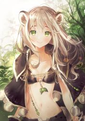 Rule 34 | 1girl, animal ears, artist name, bikini, bikini top only, black bikini, black gloves, blush, breasts, brown hair, capelet, closed mouth, collarbone, day, gloves, gomzi, green eyes, hair between eyes, leaf, lion ears, long hair, looking at viewer, navel, open fly, original, outdoors, shorts, sidelocks, signature, small breasts, smile, solo, swimsuit, tareme, upper body