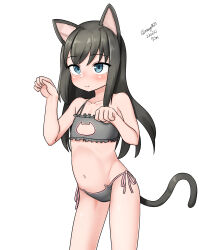 Rule 34 | 1girl, absurdres, animal ears, asashio (kancolle), black hair, blue eyes, bra, cat cutout, cat ear panties, cat ears, cat lingerie, cat tail, cleavage cutout, clothing cutout, cowboy shot, dated, flat chest, frilled bra, frills, grey bra, grey panties, highres, kantai collection, long hair, maru (marg0613), meme attire, one-hour drawing challenge, panties, paw pose, side-tie panties, solo, tail, twitter username, underwear, underwear only