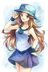 Rule 34 | 1girl, :d, bare arms, blue hat, blue shirt, blue skirt, blue wristband, brown eyes, brown hair, bucket hat, clothes lift, creatures (company), eyelashes, floating hair, game freak, gradient background, hair flaps, hand on own hip, hand up, hat, highres, leaf (pokemon), long hair, looking at viewer, lower teeth only, nintendo, open mouth, pleated skirt, poke ball theme, pokemon, pokemon frlg, shiny skin, shirt, sidelocks, skirt, skirt lift, sleeveless, sleeveless shirt, smile, solo, standing, straight hair, teeth, tongue, untucked shirt, very long hair, yomogi (black-elf)