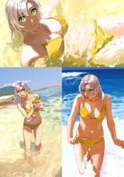 Rule 34 | 1girl, absurdres, antenna hair, beach, bikini, blue sky, breasts, cleavage, collarbone, commentary, day, green eyes, highres, kantai collection, kinugasa (kancolle), kinugasa kai ni (kancolle), kneeling, leaning forward, looking at viewer, looking back, looking to the side, medium breasts, multiple views, navel, ocean, ojipon, outdoors, running, sitting, sky, swimsuit, symbol-only commentary, triptych (art), wading, water gun, waves, yellow bikini