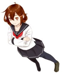 Rule 34 | 10s, 1girl, anchor symbol, bad id, bad pixiv id, black pantyhose, brown eyes, brown hair, crossed arms, dutch angle, from above, full body, hair ornament, hairclip, ikazuchi (kancolle), kantai collection, loafers, long sleeves, looking at viewer, neckerchief, ojipon, pantyhose, pleated skirt, red neckerchief, sailor collar, school uniform, serafuku, shoes, short hair, skirt, smile, solo, white background