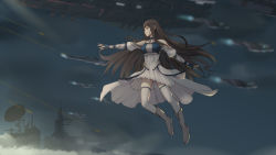 Rule 34 | 1girl, bad id, bad pixiv id, blue gloves, boots, brown eyes, brown hair, clothing cutout, dress, fingerless gloves, floating hair, full body, gloves, grey footwear, highres, long hair, original, outstretched arm, pleated dress, science fiction, short dress, shoulder cutout, solo, thighhighs, very long hair, white dress, white thighhighs, yunkaiming