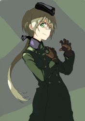 Rule 34 | 1girl, bad id, bad pixiv id, black ribbon, brown gloves, buttons, coat, double-breasted, garrison cap, gloves, green eyes, hair ribbon, hanna rudel, hat, light brown hair, long coat, long hair, long sleeves, military, military uniform, oekaki, ponytail, ribbon, scar, scar on face, scar on nose, shiratama (hockey), smile, solo, strike witches, strike witches: suomus misfits squadron, uniform, world witches series