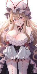 Rule 34 | 1girl, absurdres, bare shoulders, black collar, black gloves, blonde hair, blush, breasts, cleavage, collar, commentary request, corset, dress, feet out of frame, frills, gloves, grin, hair ribbon, hat, highres, large breasts, lips, long hair, looking at viewer, maka (user rryf2748), mob cap, off-shoulder dress, off shoulder, purple dress, purple eyes, red ribbon, ribbon, simple background, sleeves past wrists, smile, solo, thighhighs, touhou, very long hair, white background, white hat, white thighhighs, wide sleeves, yakumo yukari