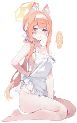 Rule 34 | ..., 1girl, absurdres, animal ear fluff, animal ears, apron, arm behind back, bare legs, barefoot, blue archive, blush, breasts, collarbone, extra ears, fox ears, hairband, halo, highres, looking at viewer, mari (blue archive), meunhongcha, naked apron, orange hair, ponytail, seiza, simple background, sitting, small breasts, solo, spoken ellipsis, towel, white background, white hairband