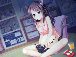 Rule 34 | 10s, 1girl, :3, animal ears, aobato kobato, bare legs, bare shoulders, black rock shooter, black rock shooter (character), blue eyes, cat ears, cat tail, collarbone, controller, dutch angle, figure, food, game cg, game console, game controller, hatsune miku, highres, kemonomimi mode, long hair, mahou shoujo madoka magica, mahou shoujo madoka magica (anime), mouth hold, neon genesis evangelion, otomimi infinity, pocky, purple hair, shorts, sitting, solo, souryuu asuka langley, suzune mayoi, tail, vocaloid, xbox, xbox 360