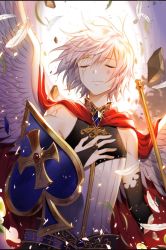 Rule 34 | 1boy, ace (playing card), ace of hearts, angel wings, closed eyes, feathers, hand on own chest, heart, jewelry, last ace (saibai shounen), male focus, myoya, non-web source, official art, playing card, ring, saibai shounen, second-party source, short hair, smile, solo, tattoo, white hair, wings