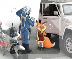 Rule 34 | 1boy, 1girl, :3, :d, animal ears, arm behind head, baton, black footwear, blue jacket, blue pants, boots, brown footwear, brown skirt, brown vest, car, commentary request, cuffs, day, doitsuken, embarrassed, fang, flying sweatdrops, fox ears, fox tail, gloves, helmet, highres, id card, jacket, long hair, long sleeves, low twintails, microphone, motor vehicle, motorcycle, neck ribbon, nervous smile, one eye closed, open mouth, orange hair, original, outdoors, pants, police, police uniform, policeman, red eyes, ribbon, shoes, skirt, smile, socks, sports utility vehicle, standing, sweatdrop, tail, twintails, uniform, v-shaped eyebrows, vest, white gloves, white legwear, white ribbon